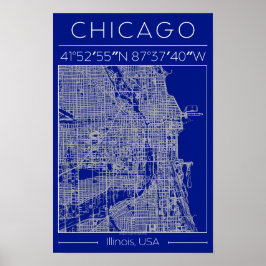 Mapa Poster da Cidade de Chicago Blueprint Azul Mi