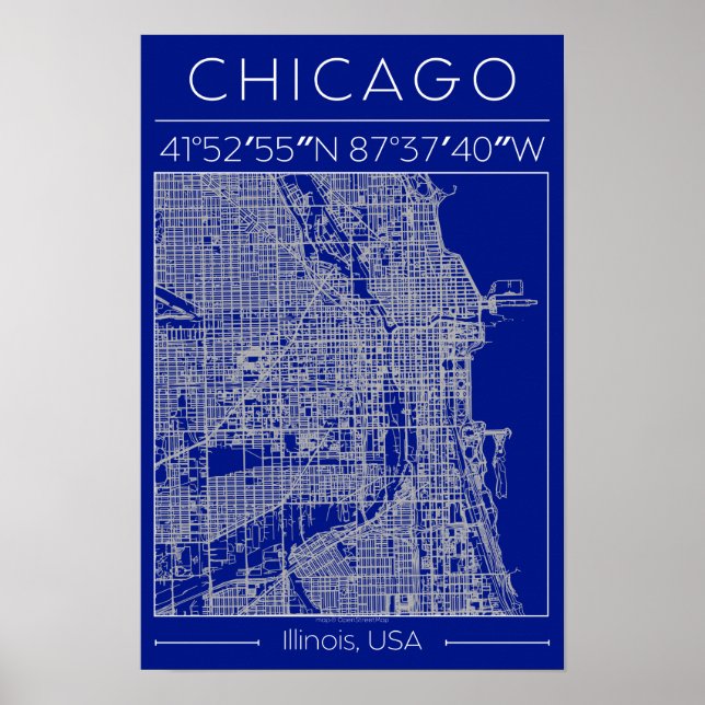 Mapa Poster da Cidade de Chicago Blueprint Azul Mi (Frente)