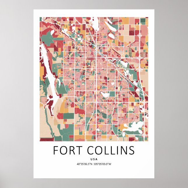 Mapa Poster de Fort Collins Colorado | Cidade Mode (Frente)