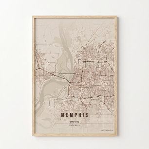 Mapa Rústico de Memphis Impresso em Poster de Tenn