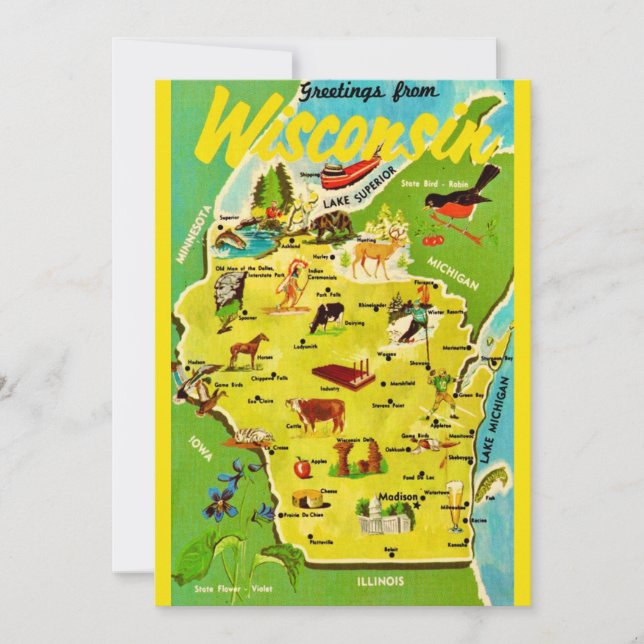 Mapa Vintage de Wisconsin 5x7 Postcard (Frente)