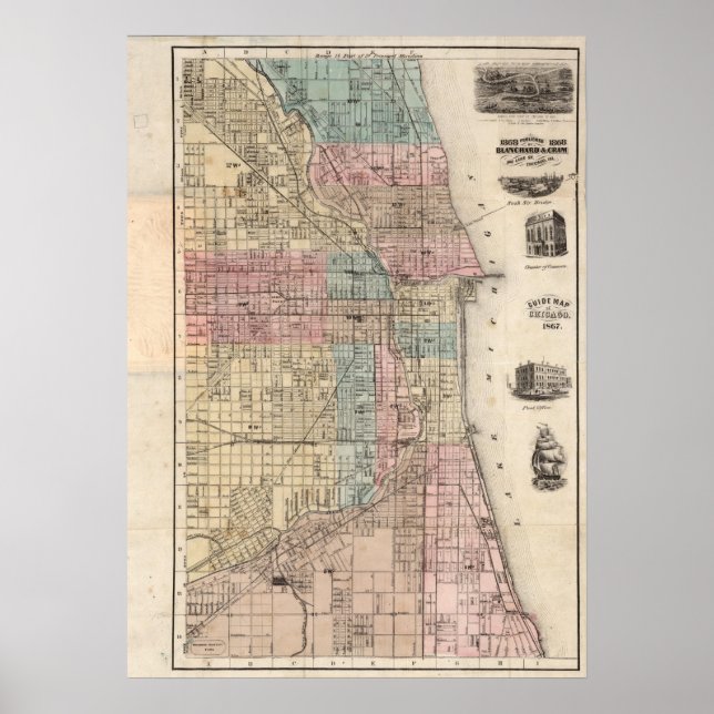 Mapa Vintage Do Poster De Chicago (Frente)