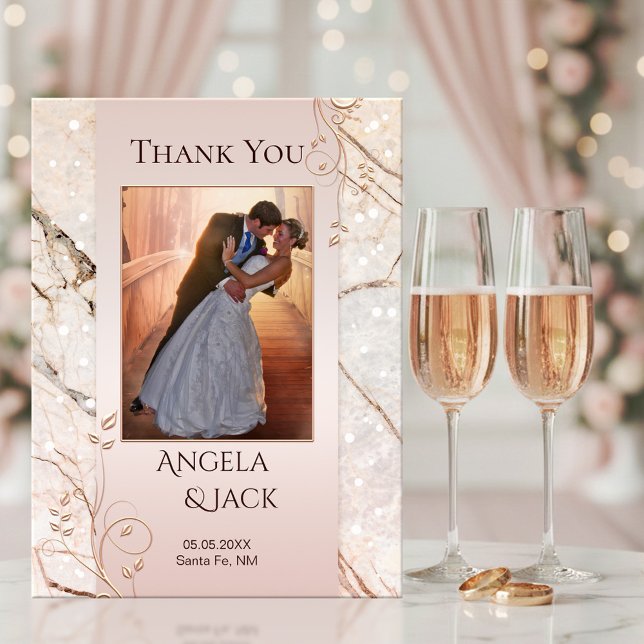 Marble Rosa Dourado Casamento Foto Obrigado Cartão (Wedding photo Thank You postcard featuring a rose gold floral design on marble with light sparkles)