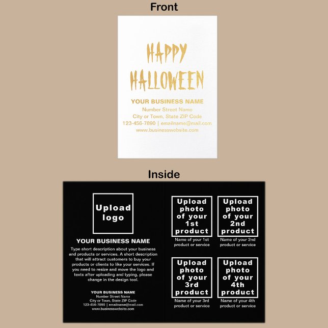 Marca de negócios preta no cartão do dia das bruxa (Black business brand with products or services on Halloween folded foil card.)