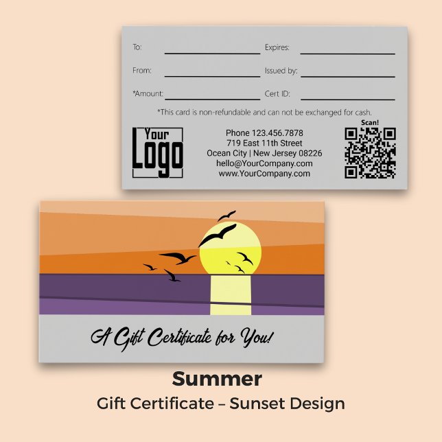 Marca de Verão · Roteiro · Certificado Presente Pô (Summer Branding · Script Text · Sunset Gift Certificate)
