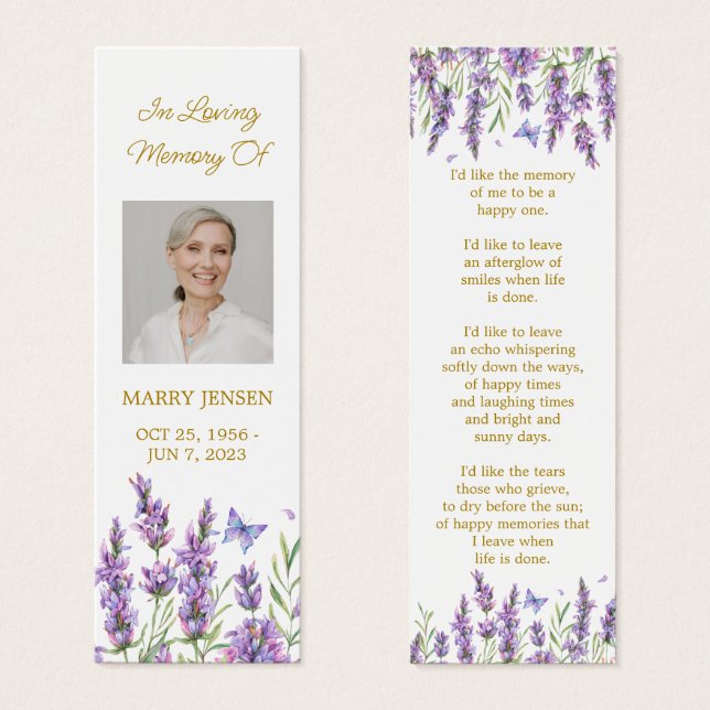 Marcador Floral de Lavanda Foto Funeral Memorial (Frente & Verso)