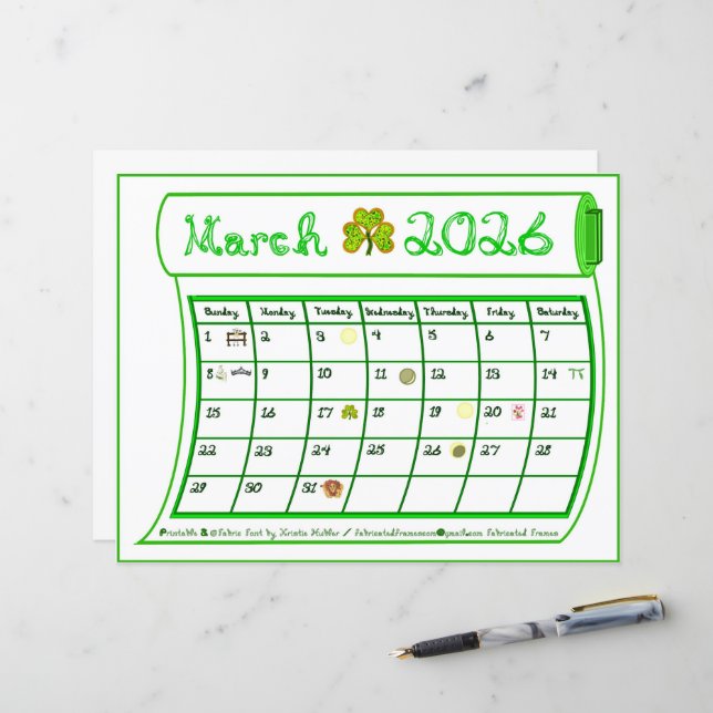 March 2026 Month Green Line Fabric Font Art Paper (Frente/Verso In Situ)