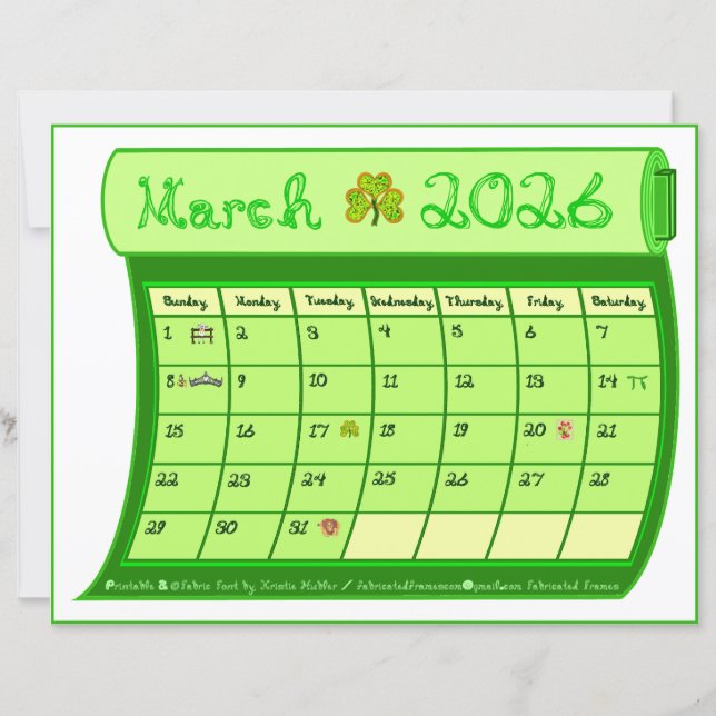 Março de 2026 Mês Verde Calendário Tecido Fonte Pa (Frente)