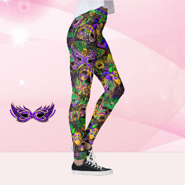Mardi Gras All Miçanga Máscara Leggings
