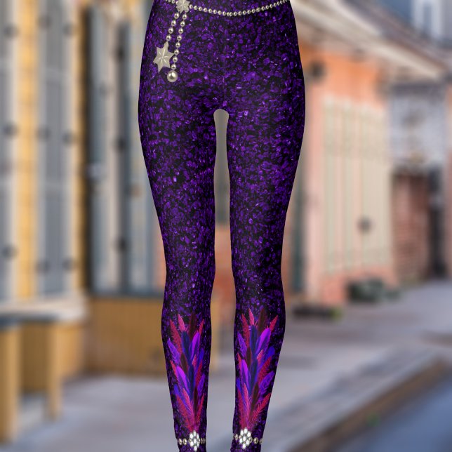 Mardi Gras Feather Prester Roxo Leggings (Have fun at the Mardi Gras carnival in a pair of these leggings.)