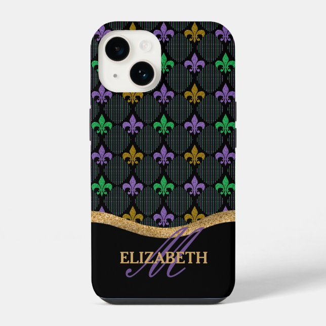 Mardi Gras Fleur De Lis Faux Glitter Monograma (Verso)