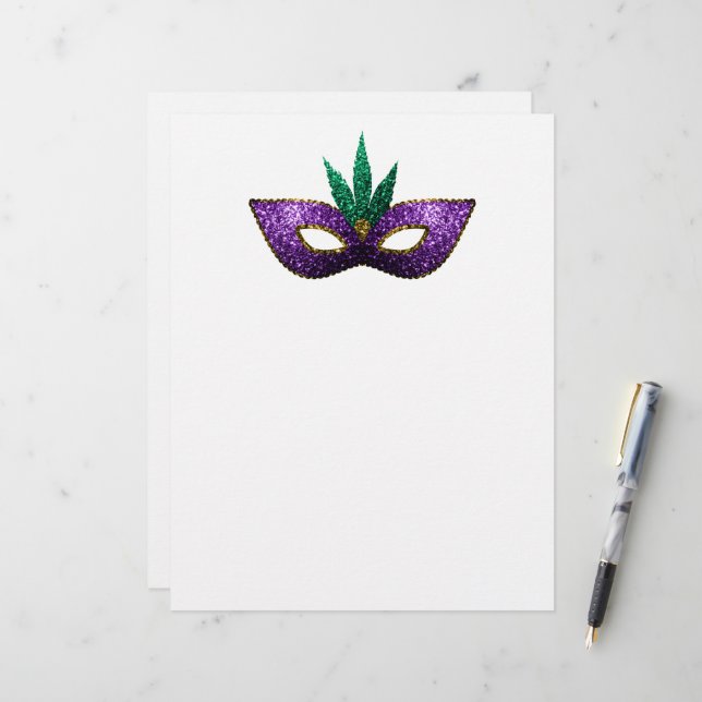 Mardi Gras Mask Purple Green Sparkles paper (Frente/Verso In Situ)