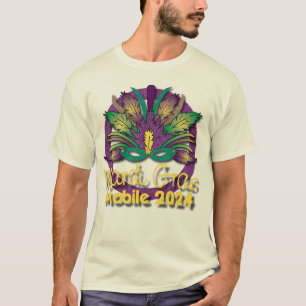 Mardi Gras Mask T-shirt 2024 - Mobile, AL (branco)