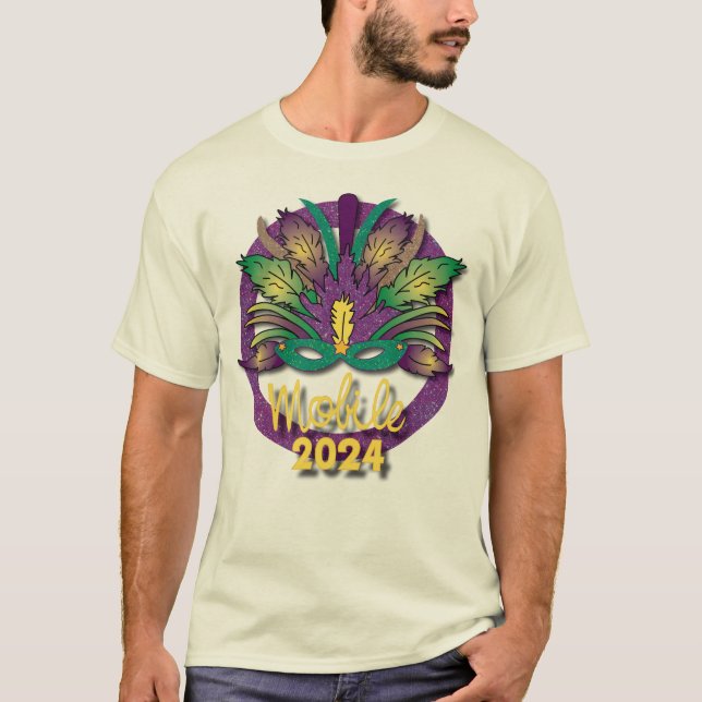 Mardi Gras Mask T-shirt 2024 - Mobile, AL (branco) (Frente)