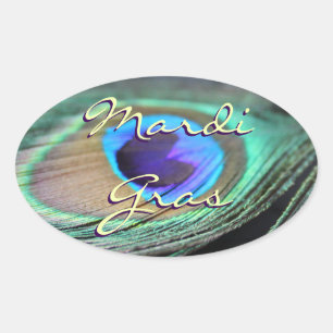 Mardi Gras Peacock Feather Autocolantes Oval Perso