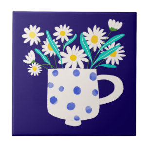 Margarida em Vaso de Cerâmica Aquarela Azulejo