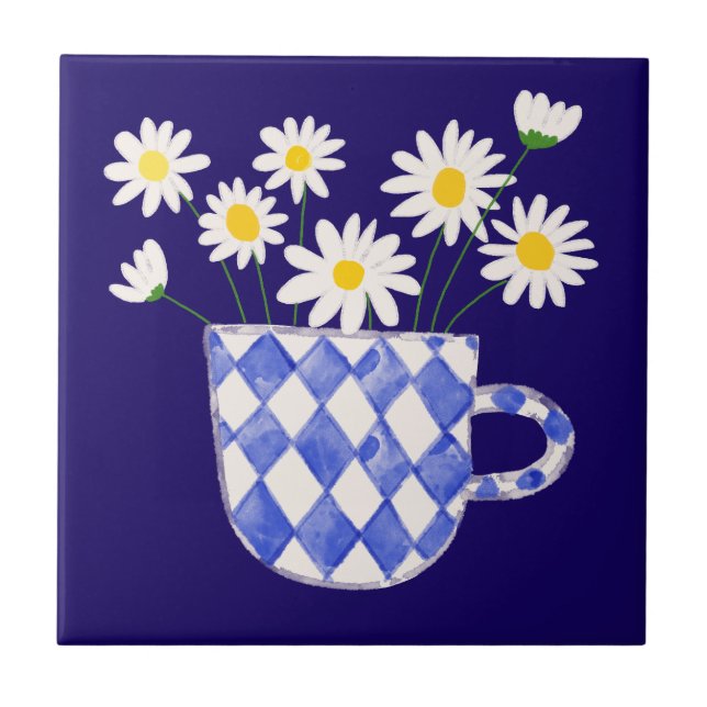 Margarida em Vaso de Cerâmica Aquarela Azulejo (Frente)