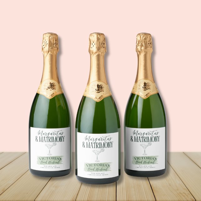 Margs e Matrimony Bachelorette Convite (Fiesta-themed champagne label with green accents – perfect for a bubbly bridal celebration!)