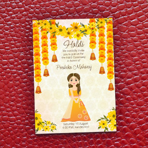 Marigolds, garota indiana e fofa, convite Haldi