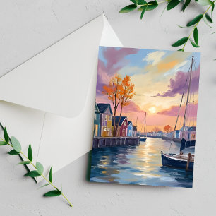 Marina de Barcos Cartão de Pintura em Aquarela d