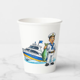 Marinheiro de Desenho Animado com Iate e Peixe Art
