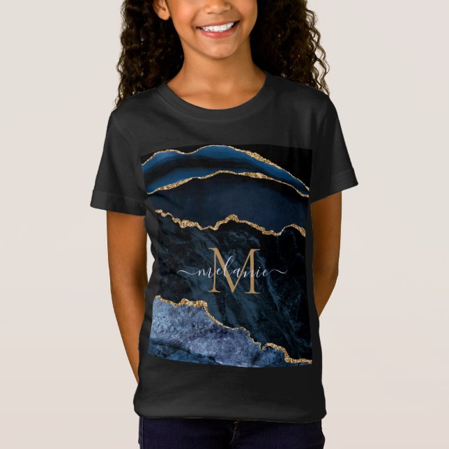 Marinho Agate Blue Glitter Monograma Nome T-Shirt (Frente)