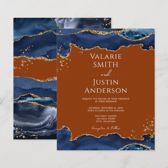 Marinho Azul Agate Laranja Queimado Convite De Cas (Frente/Verso)