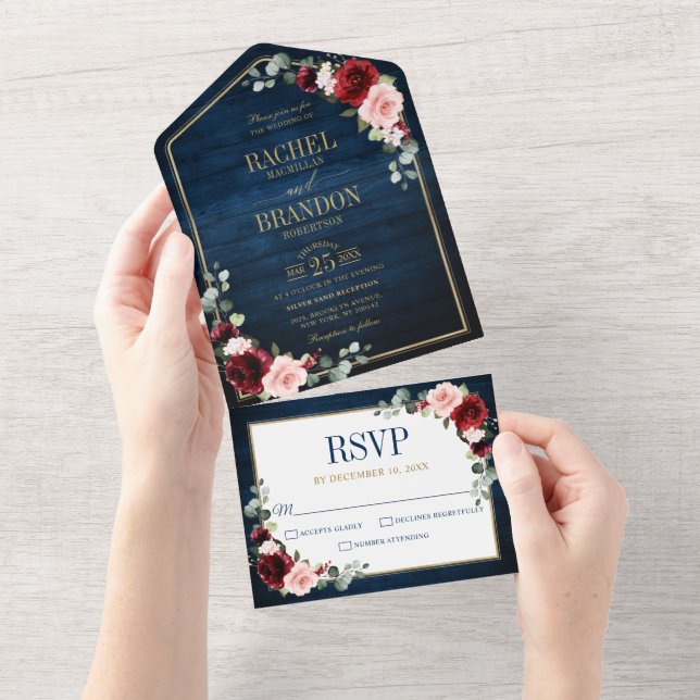 Marinho Azul Blush Borgonha Dourada Casamento Geom (Aba destacável)