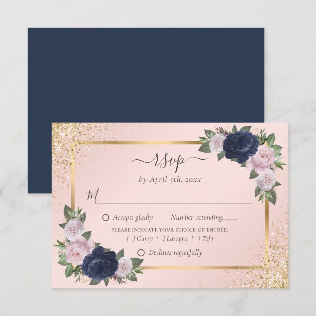 Marinho Azul Blush Dourado Casamento RSVP Escolha  (Frente/Verso)