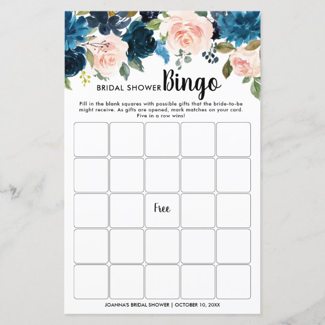 Marinho Azul Blush Floral Chá de panela Bingo (Frente)