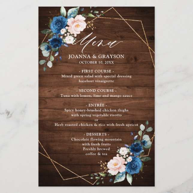 Marinho Azul Blush Rustic Wood Menu Geométrico (Frente)