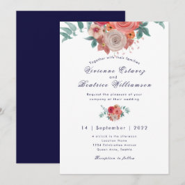 Marinho azul boho rosa vermelha convite para casam