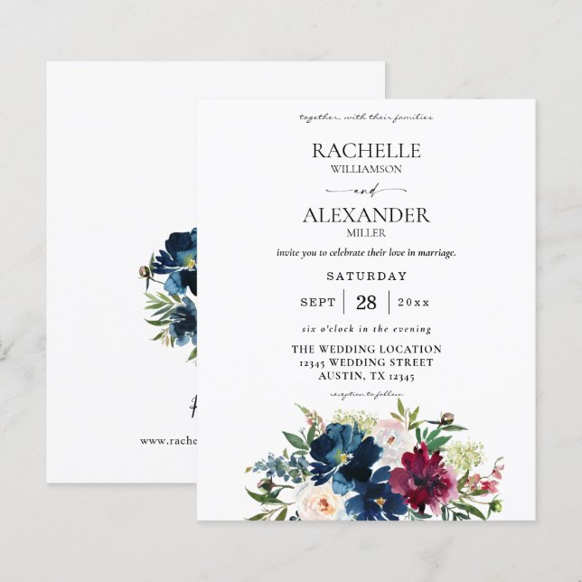 Marinho Azul, Borgonha e Casamento Floral Branco (Frente/Verso)