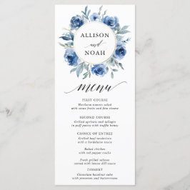 Marinho azul branco branco floral menu de casament