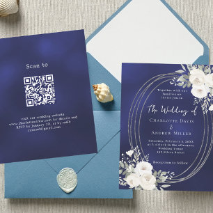 Marinho azul branco floral casamento convite QR RS