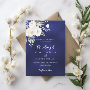 Marinho azul branco floral convite para o casament