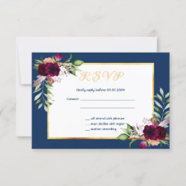 Marinho azul burgundy floral cartão RSVP de casame