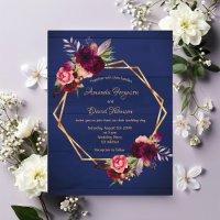 Marinho azul burgundy floral convite para o casame