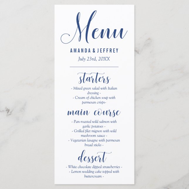 Marinho Azul Caligrafia Menu Casamento (Frente)