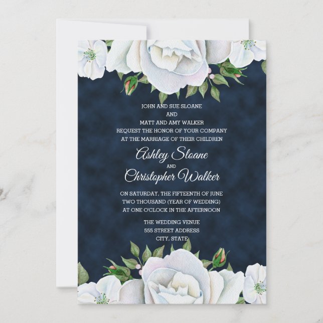 Marinho Azul com Convite de Casamento Floral Branc (Frente)