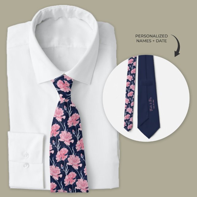 Marinho Azul Cor-de-rosa Gravata de Castigo (Navy blue necktie with pink carnations. Personalized wedding tie for groom and groomsmen.)