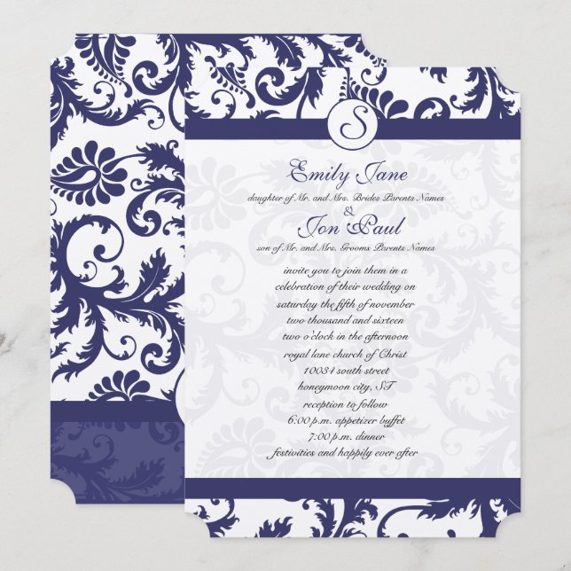 Marinho Azul Damasco Monograma Convite de Casament (Frente/Verso)