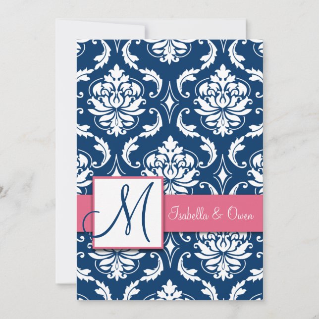 Marinho Azul Damask Monograma - Convite Rosa (Frente)