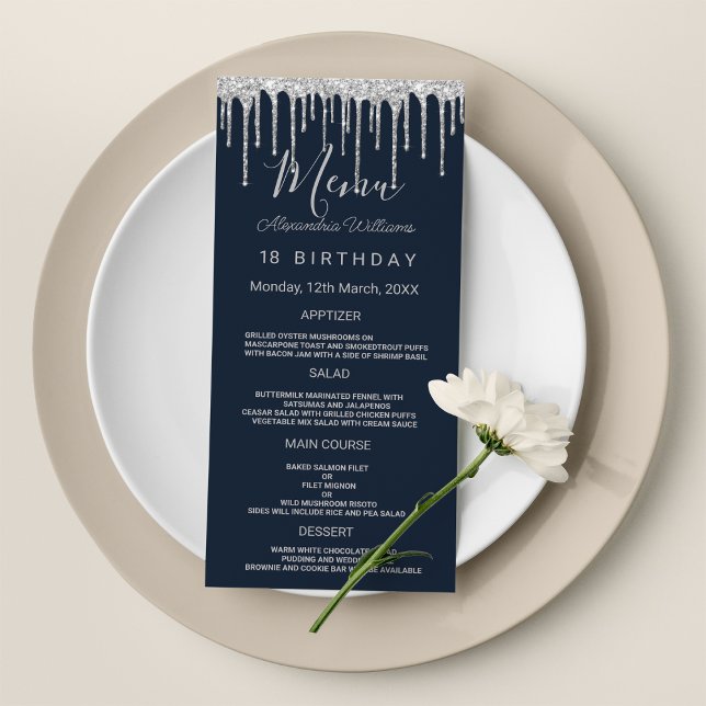 Marinho azul de prata pingando Programa de anivers (Navy blue silver glitter drips Birthday Program )