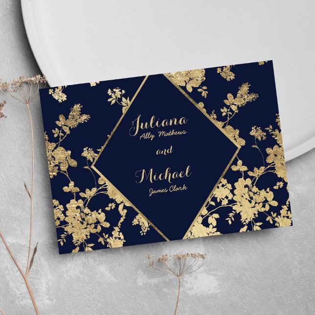Marinho azul de renda floral de luxo RSVP Convite  (Navy blue gold lace floral luxury RSVP )