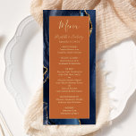 Marinho Azul Dourado Agate Laranja Queimado Menu C<br><div class="desc">Este elegante e moderno menu de casamento mostra um marinho azul de aquarela com o fundo de agata aparado com brilho dourado. O texto aparece em letras elegantes douradas e fontes em placas em um retângulo laranja queimado. O design de ágata é repetido no reverso.</div>