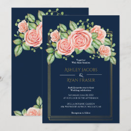 Marinho Azul Dourado Blush Floral Wedation Convite