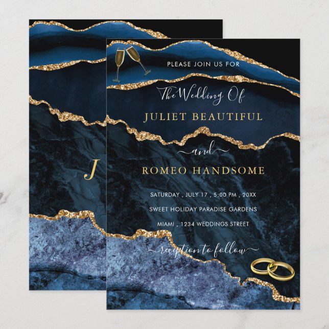 Marinho Azul Dourado Casamento Convite Design (Frente/Verso)