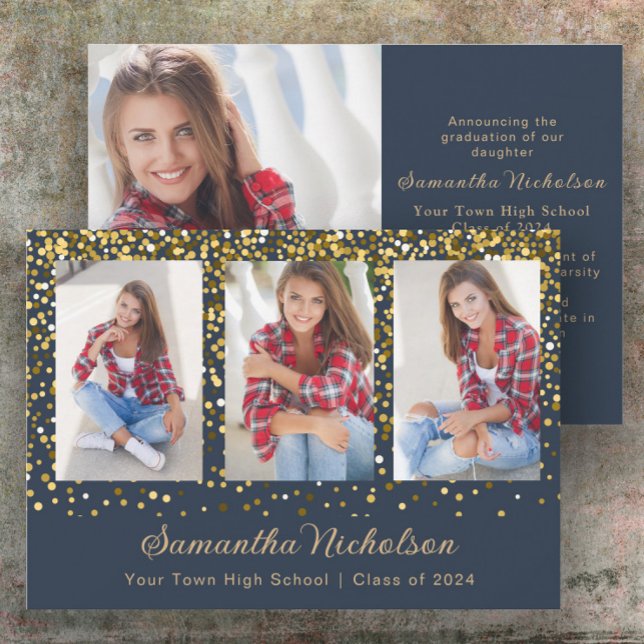 Marinho Azul, Dourado, Classe de Largura de Gradua (Navy blue and gold glitter 4-photo graduation announcement)