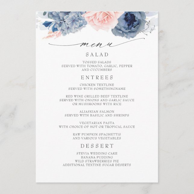 Marinho Azul e Cor-de-Rosa Moderno Menu Casamento (Frente)